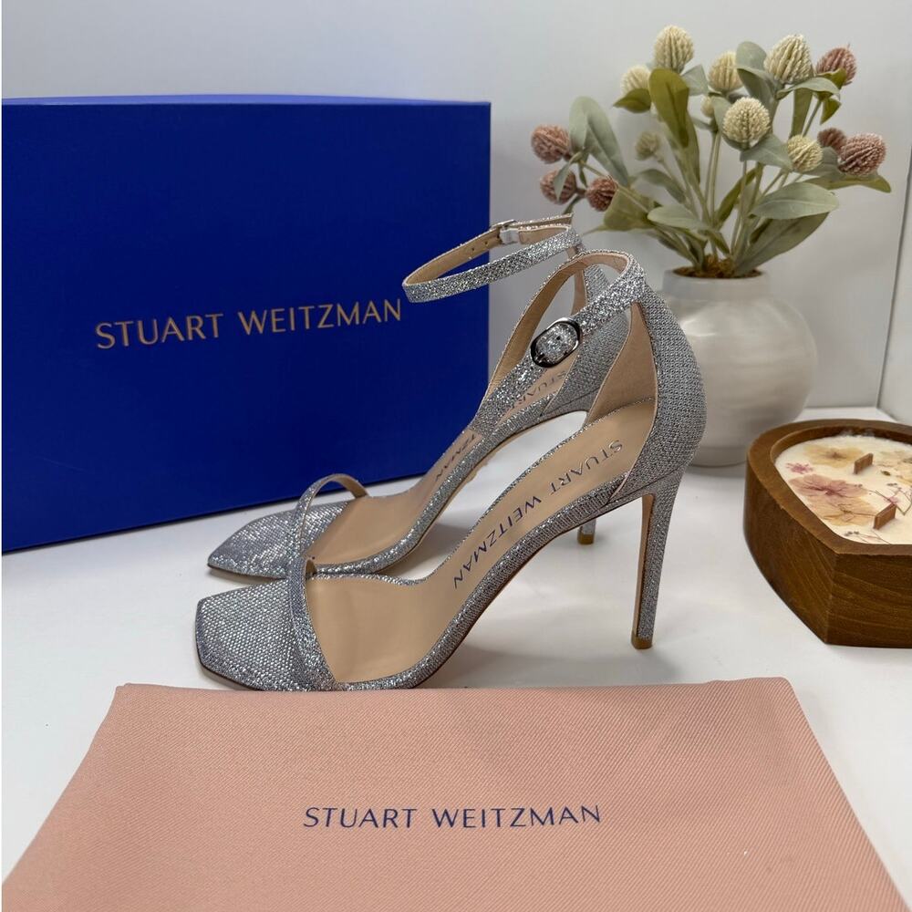 Stuart Weitzman Nudistcurve 100Sanda Ankle Strap Sandal Silver Women's 9.5B